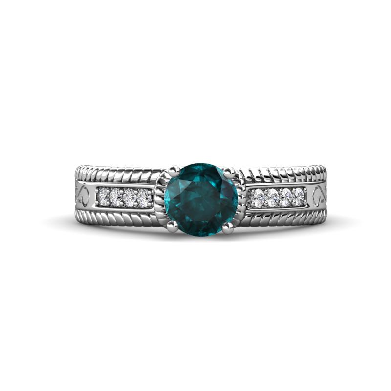 Moira Classic Round London Blue Topaz and Diamond Crisscross Shank Engagement Ring 
