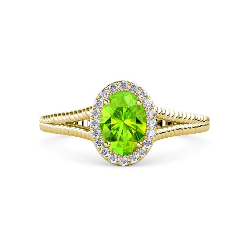 Deborah Desire Oval Cut Peridot and Round Lab Grown Diamond Twist Rope Split Shank Halo Engagement Ring 