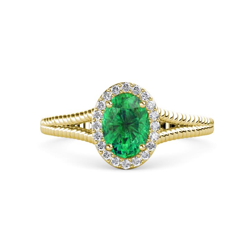 Deborah Desire Oval Cut Emerald and Round Lab Grown Diamond Twist Rope Split Shank Halo Engagement Ring 