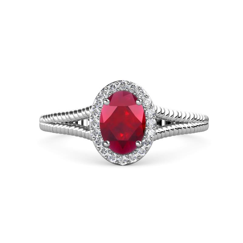 Deborah Desire Oval Cut Ruby and Round Lab Grown Diamond Twist Rope Split Shank Halo Engagement Ring 