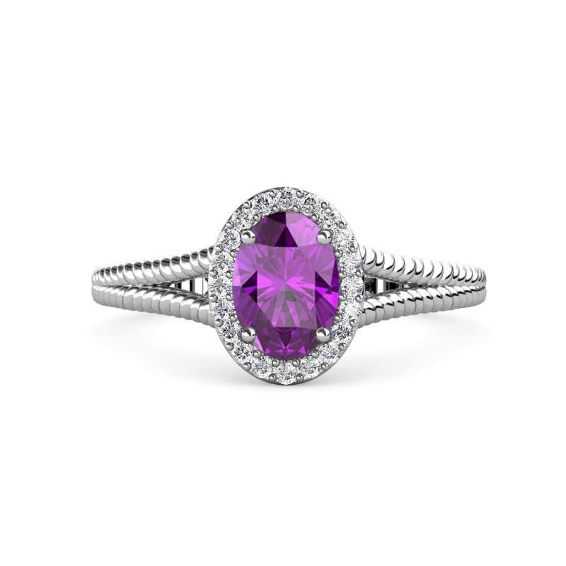 Deborah Desire Oval Cut Amethyst and Round Lab Grown Diamond Twist Rope Split Shank Halo Engagement Ring 