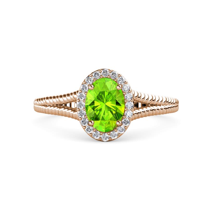 Deborah Desire Oval Cut Peridot and Round Lab Grown Diamond Twist Rope Split Shank Halo Engagement Ring 