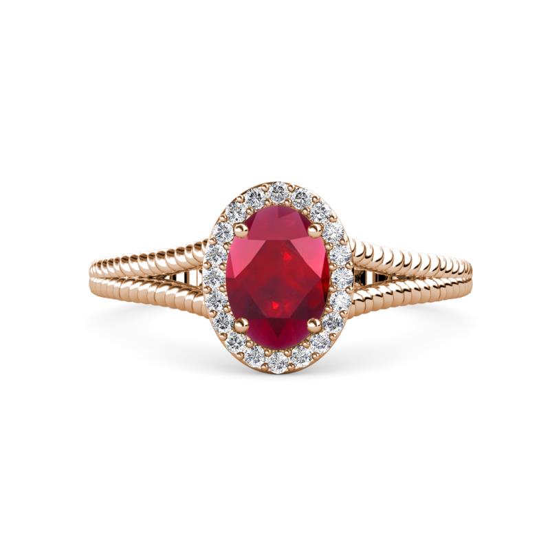 Deborah Desire Oval Cut Ruby and Round Lab Grown Diamond Twist Rope Split Shank Halo Engagement Ring 