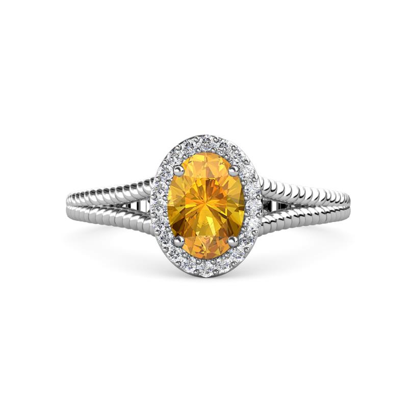 Deborah Desire Oval Cut Citrine and Round Lab Grown Diamond Twist Rope Split Shank Halo Engagement Ring 
