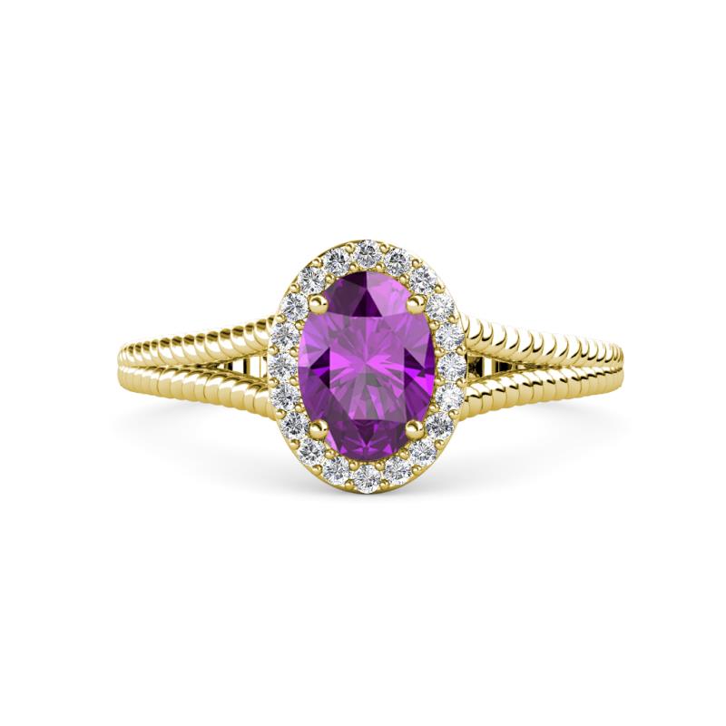 Deborah Desire Oval Cut Amethyst and Round Lab Grown Diamond Twist Rope Split Shank Halo Engagement Ring 