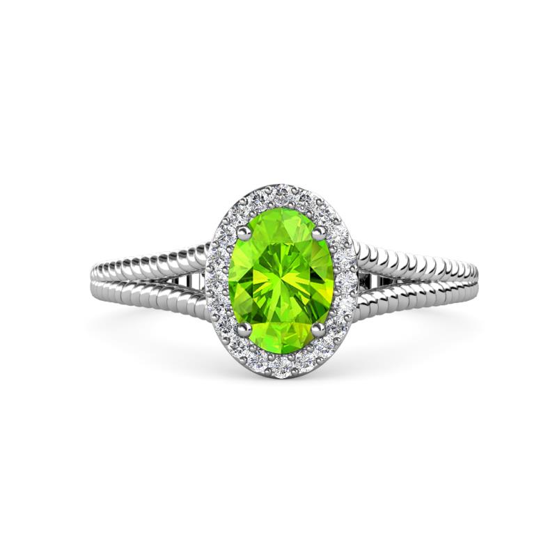 Deborah Desire Oval Cut Peridot and Round Lab Grown Diamond Twist Rope Split Shank Halo Engagement Ring 