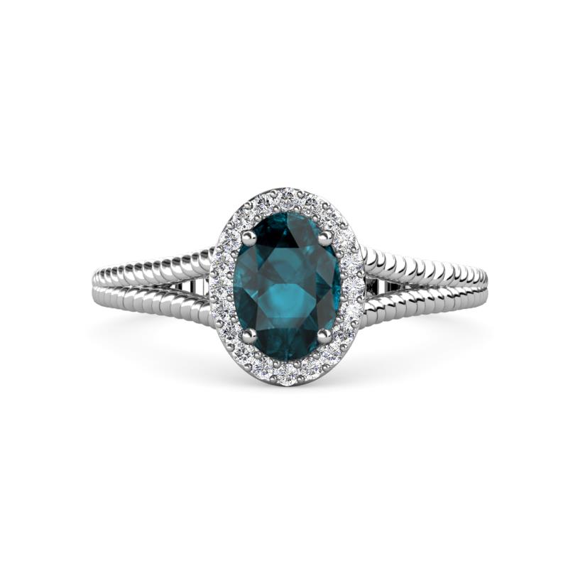 Deborah Desire Oval Cut London Blue Topaz and Round Lab Grown Diamond Twist Rope Split Shank Halo Engagement Ring 