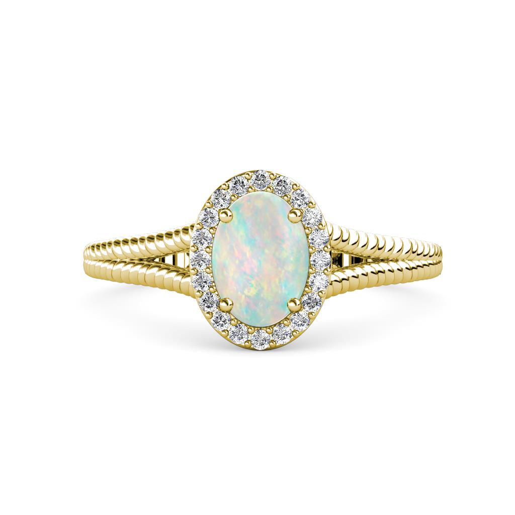 Deborah Desire Oval Cut Opal and Round Lab Grown Diamond Twist Rope Split Shank Halo Engagement Ring 