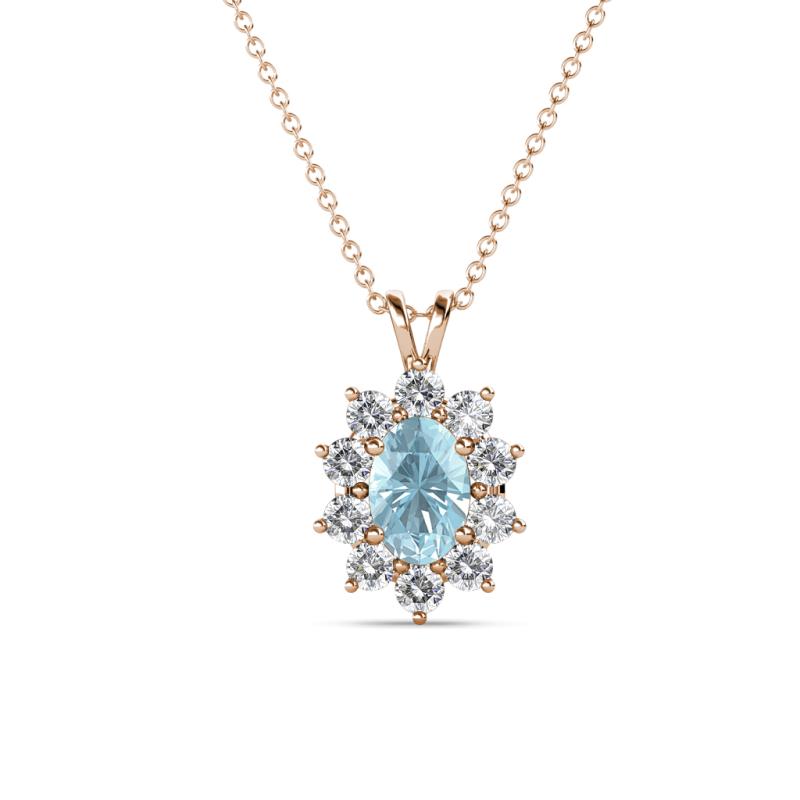Hazel 6x4 mm Oval Cut Aquamarine and Round Diamond Double Bail Halo Pendant Necklace 