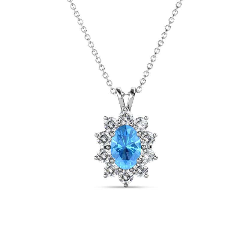 Hazel 6x4 mm Oval Cut Blue Topaz and Round Diamond Double Bail Halo Pendant Necklace 
