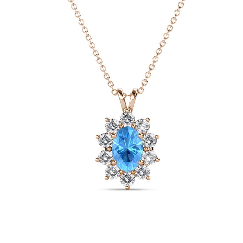 Hazel 6x4 mm Oval Cut Blue Topaz and Round Diamond Double Bail Halo Pendant Necklace 