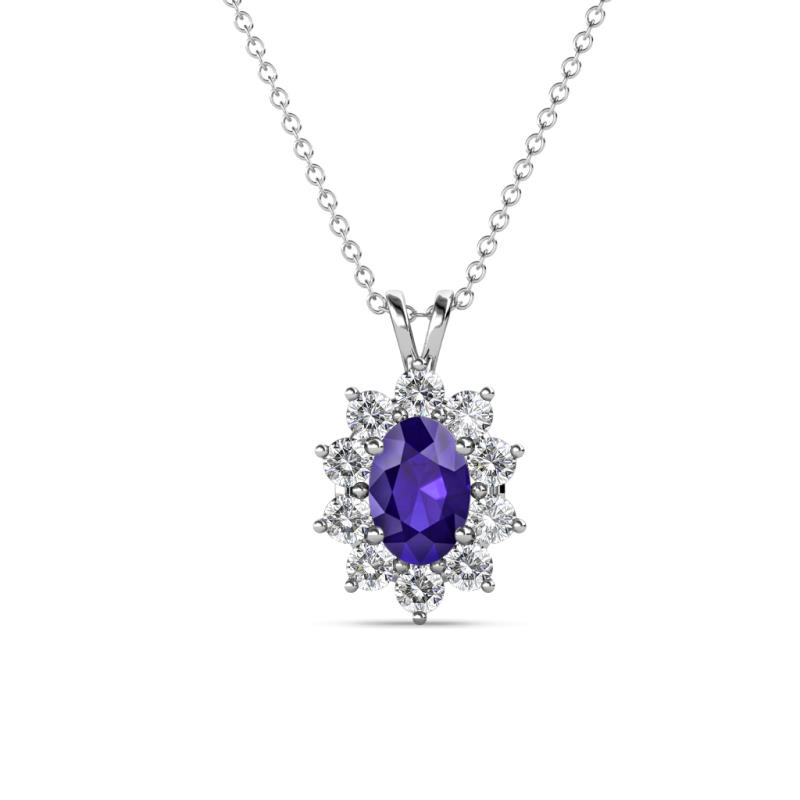 Hazel 6x4 mm Oval Cut Iolite and Round Diamond Double Bail Halo Pendant Necklace 