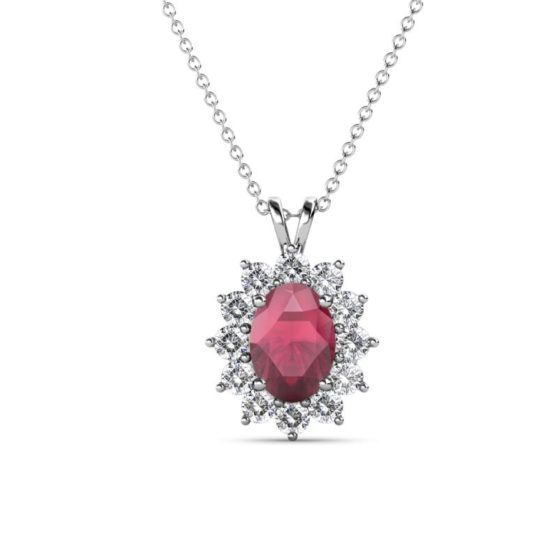 Hazel 7x5 mm Oval Cut Rhodolite Garnet and Round Diamond Double Bail Halo Pendant Necklace 