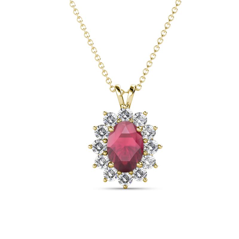 Hazel 7x5 mm Oval Cut Rhodolite Garnet and Round Diamond Double Bail Halo Pendant Necklace 