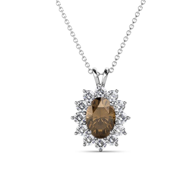 Hazel 7x5 mm Oval Cut Smoky Quartz and Round Diamond Double Bail Halo Pendant Necklace 