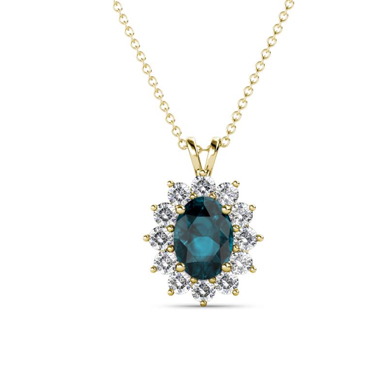 Hazel 7x5 mm Oval Cut London Blue Topaz and Round Diamond Double Bail Halo Pendant Necklace 