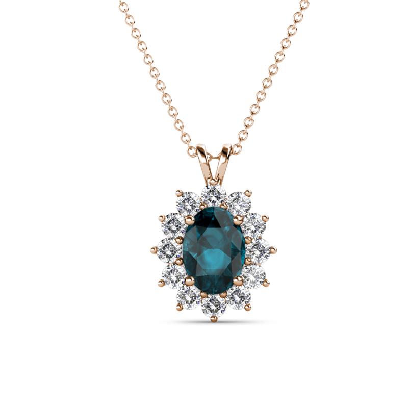 Hazel 7x5 mm Oval Cut London Blue Topaz and Round Diamond Double Bail Halo Pendant Necklace 