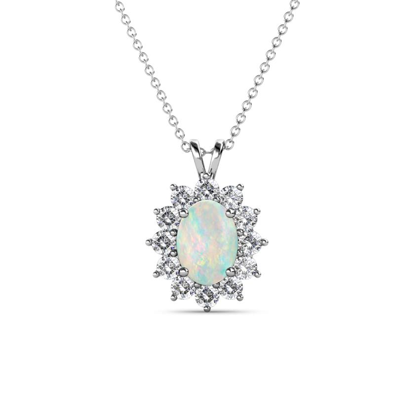Hazel 7x5 mm Oval Cut Opal and Round Diamond Double Bail Halo Pendant Necklace 