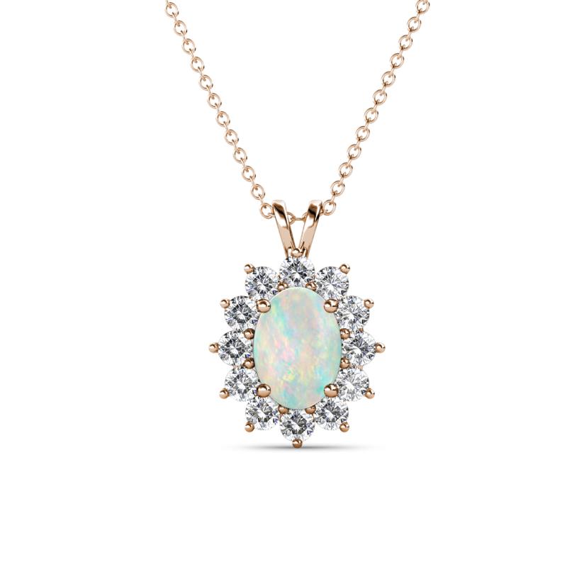 Hazel 7x5 mm Oval Cut Opal and Round Diamond Double Bail Halo Pendant Necklace 