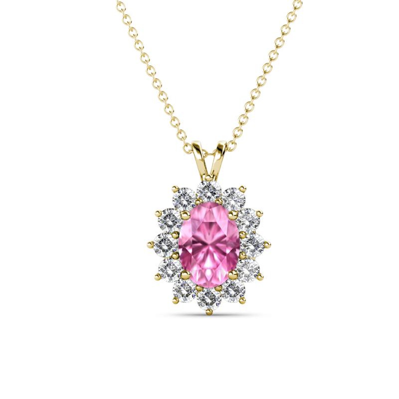 Hazel 7x5 mm Oval Cut Pink Sapphire and Round Diamond Double Bail Halo Pendant Necklace 