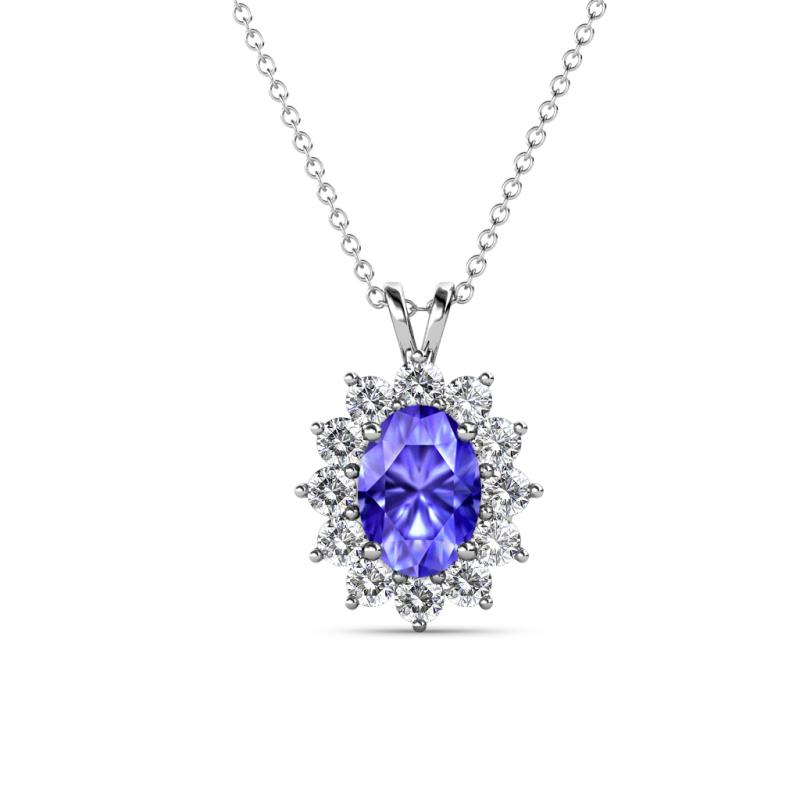 Hazel 7x5 mm Oval Cut Tanzanite and Round Diamond Double Bail Halo Pendant Necklace 