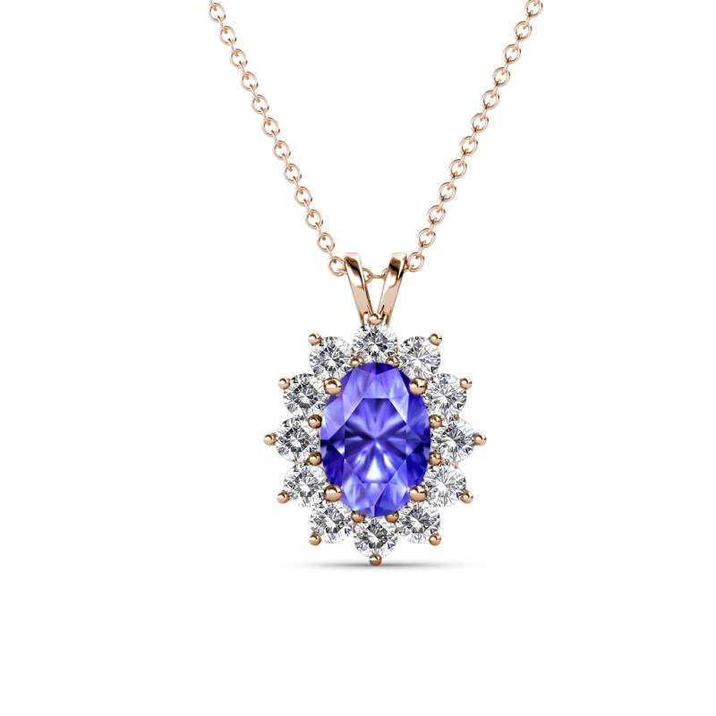 Hazel 7x5 mm Oval Cut Tanzanite and Round Diamond Double Bail Halo Pendant Necklace 