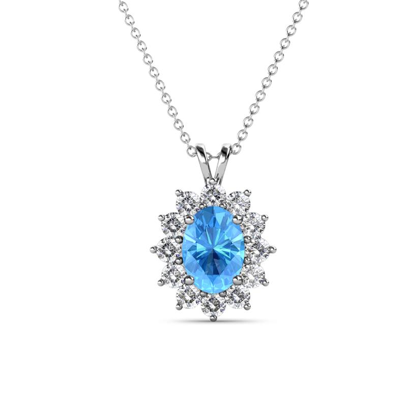 Hazel 7x5 mm Oval Cut Blue Topaz and Round Diamond Double Bail Halo Pendant Necklace 
