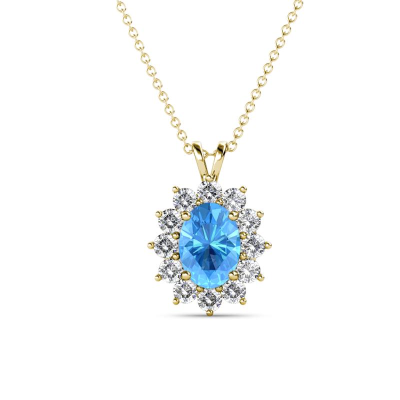 Hazel 7x5 mm Oval Cut Blue Topaz and Round Diamond Double Bail Halo Pendant Necklace 