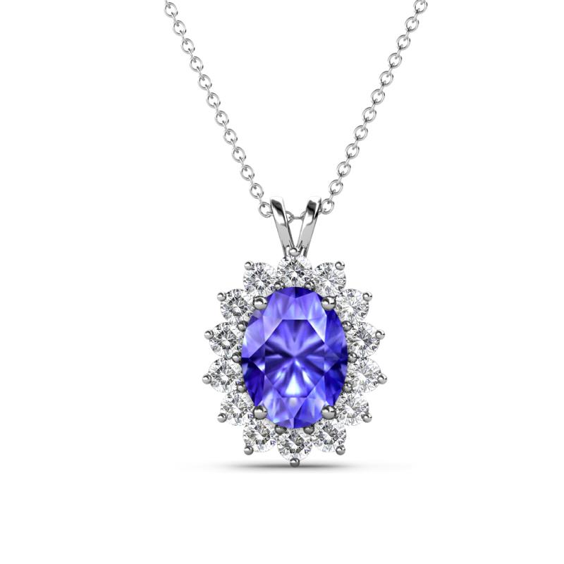 Hazel 8x6 mm Oval Cut Tanzanite and Round Diamond Double Bail Halo Pendant Necklace 