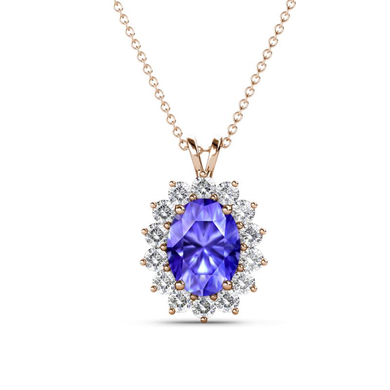 Hazel 8x6 mm Oval Cut Tanzanite and Round Diamond Double Bail Halo Pendant Necklace 