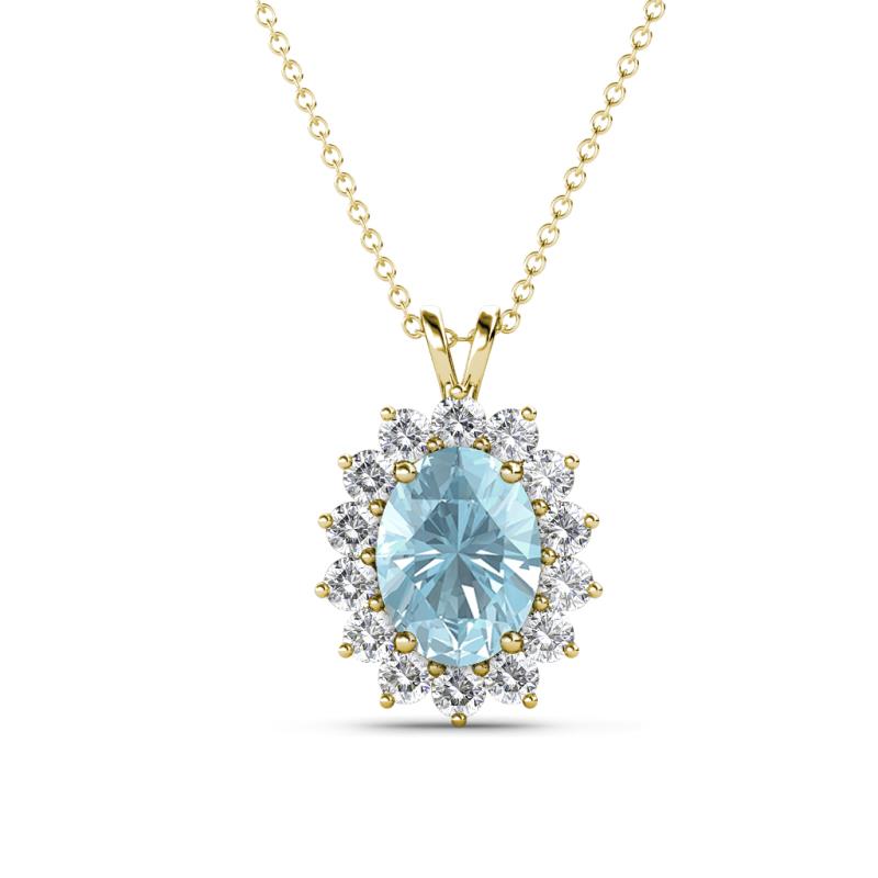 Hazel 8x6 mm Oval Cut Aquamarine and Round Diamond Double Bail Halo Pendant Necklace 