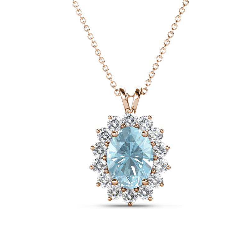 Hazel 8x6 mm Oval Cut Aquamarine and Round Diamond Double Bail Halo Pendant Necklace 