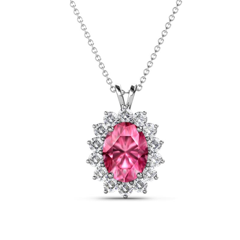 Hazel 8x6 mm Oval Cut Pink Tourmaline and Round Diamond Double Bail Halo Pendant Necklace 