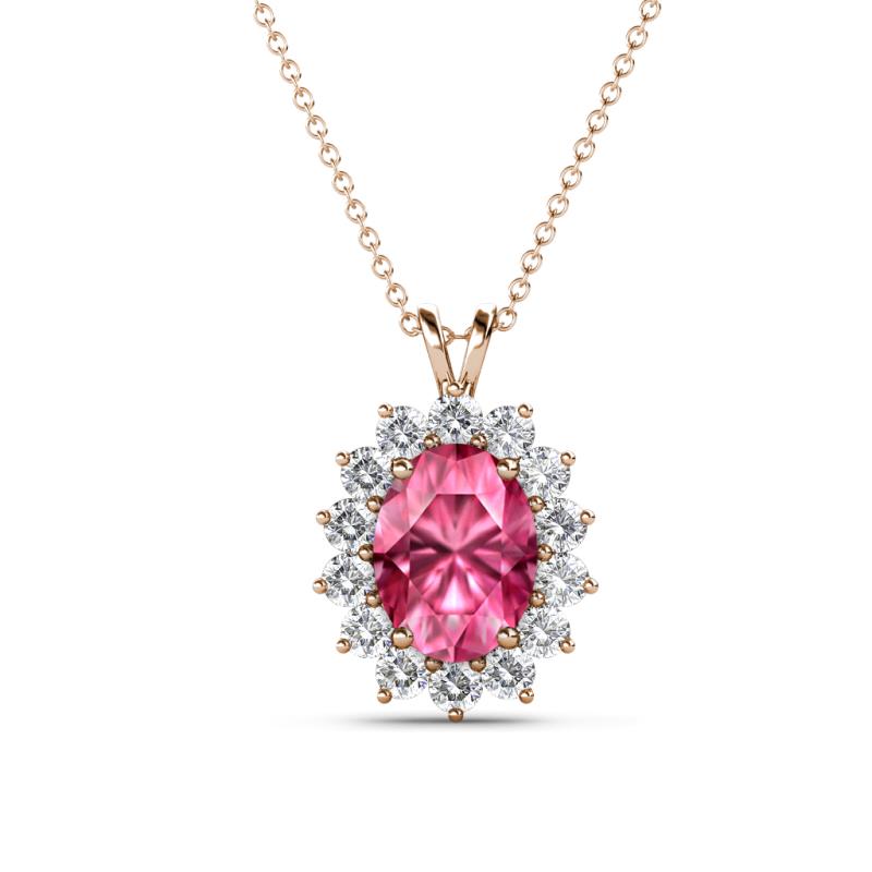 Hazel 8x6 mm Oval Cut Pink Tourmaline and Round Diamond Double Bail Halo Pendant Necklace 