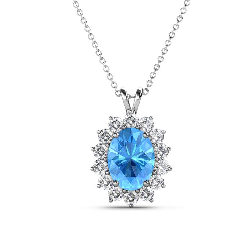 Hazel 8x6 mm Oval Cut Blue Topaz and Round Diamond Double Bail Halo Pendant Necklace 