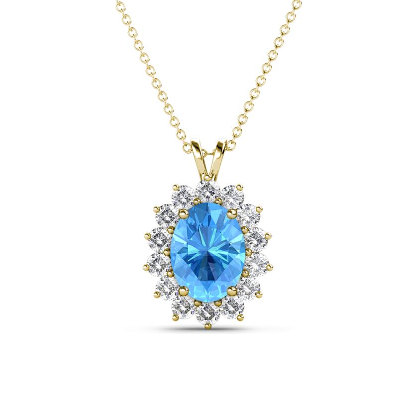 Hazel 8x6 mm Oval Cut Blue Topaz and Round Diamond Double Bail Halo Pendant Necklace 