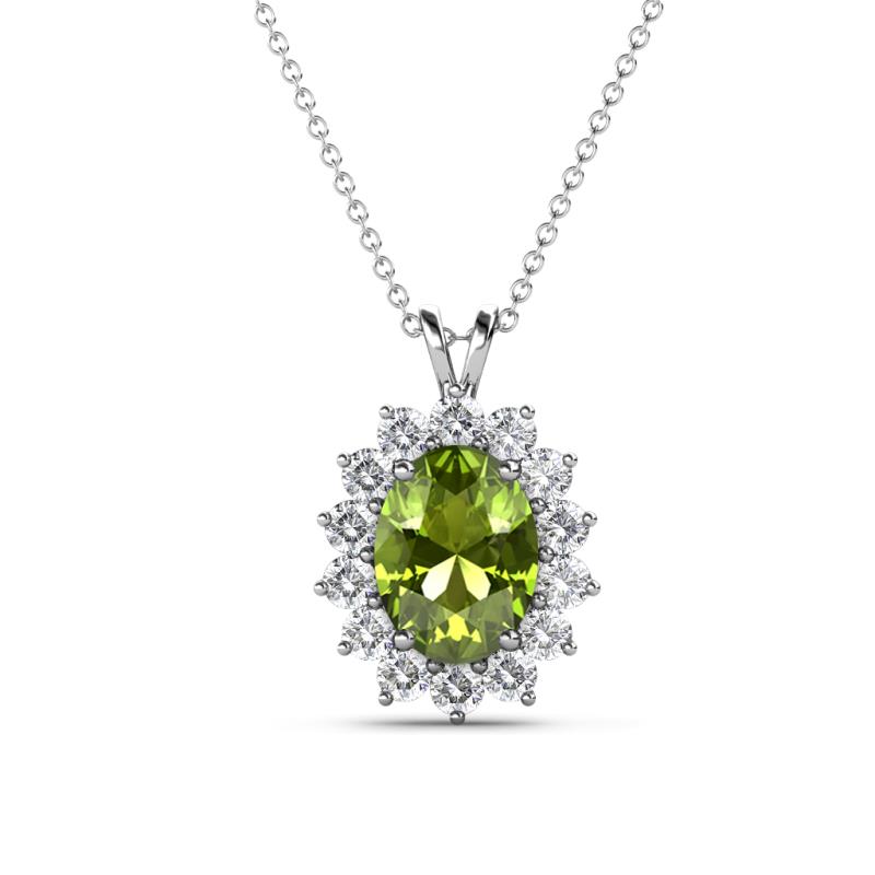 Hazel 8x6 mm Oval Cut Peridot and Round Diamond Double Bail Halo Pendant Necklace 