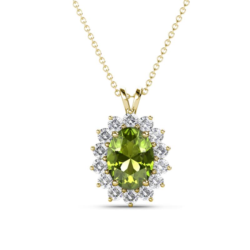 Hazel 8x6 mm Oval Cut Peridot and Round Diamond Double Bail Halo Pendant Necklace 