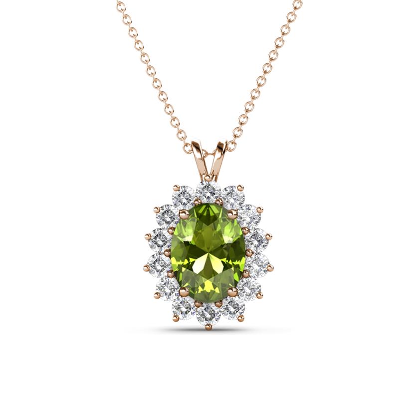 Hazel 8x6 mm Oval Cut Peridot and Round Diamond Double Bail Halo Pendant Necklace 