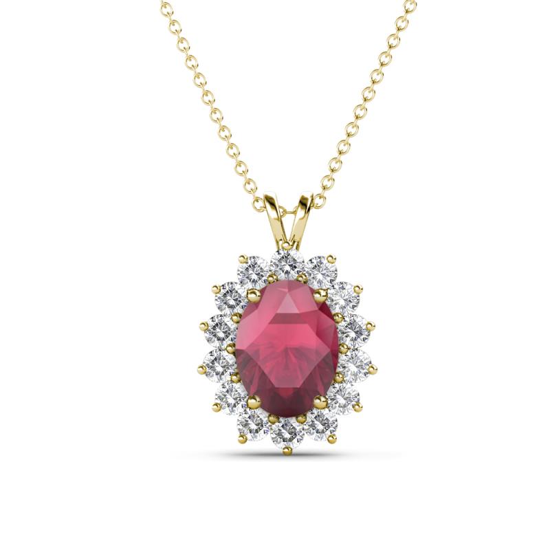 Hazel 8x6 mm Oval Cut Rhodolite Garnet and Round Diamond Double Bail Halo Pendant Necklace 