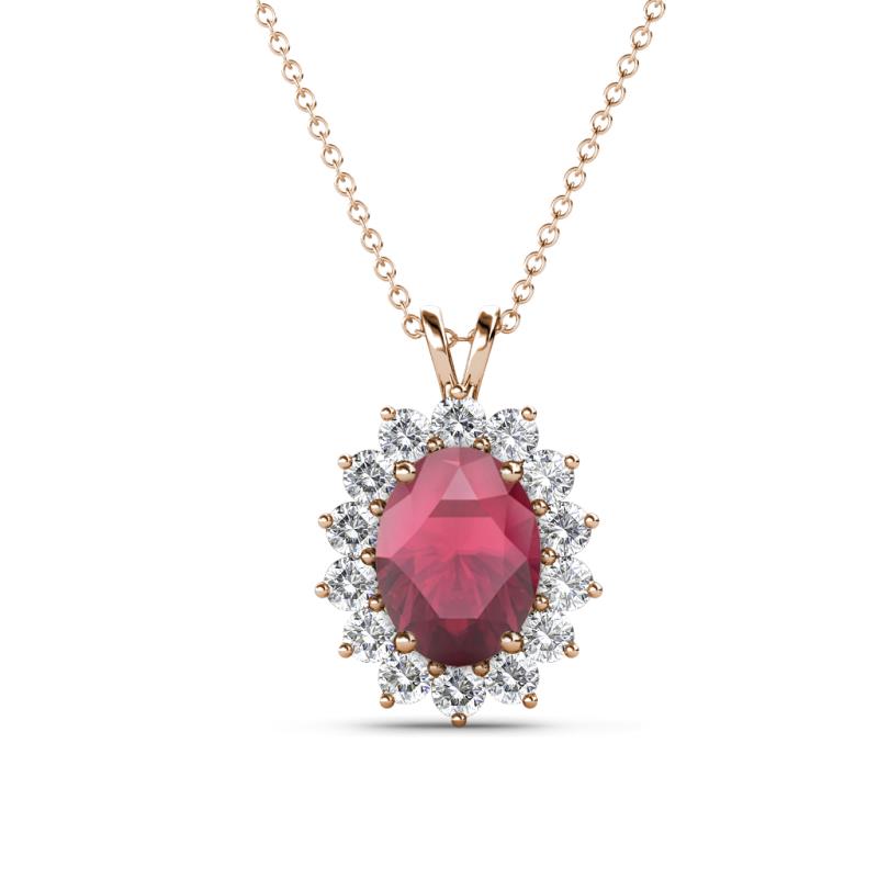 Hazel 8x6 mm Oval Cut Rhodolite Garnet and Round Diamond Double Bail Halo Pendant Necklace 