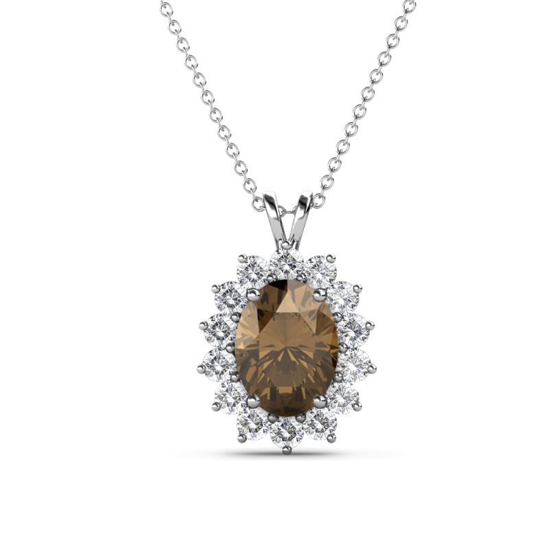 Hazel 8x6 mm Oval Cut Smoky Quartz and Round Diamond Double Bail Halo Pendant Necklace 