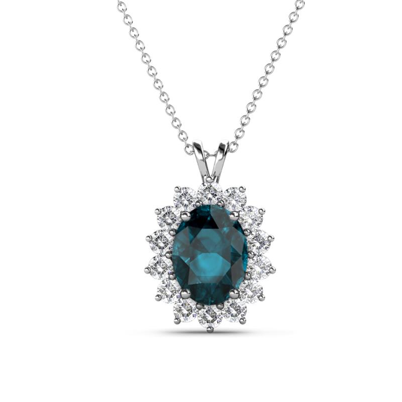 Hazel 8x6 mm Oval Cut London Blue Topaz and Round Diamond Double Bail Halo Pendant Necklace 
