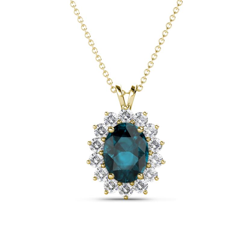 Hazel 8x6 mm Oval Cut London Blue Topaz and Round Diamond Double Bail Halo Pendant Necklace 
