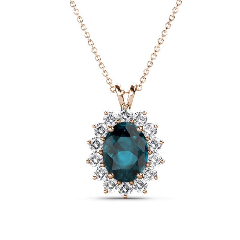 Hazel 8x6 mm Oval Cut London Blue Topaz and Round Diamond Double Bail Halo Pendant Necklace 