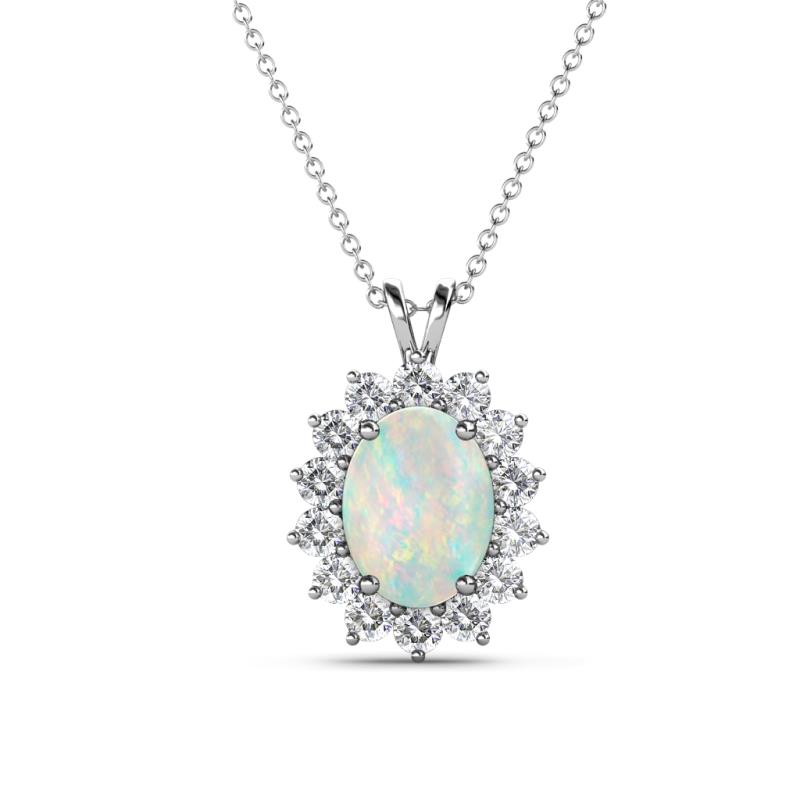 Hazel 8x6 mm Oval Cut Opal and Round Diamond Double Bail Halo Pendant Necklace 