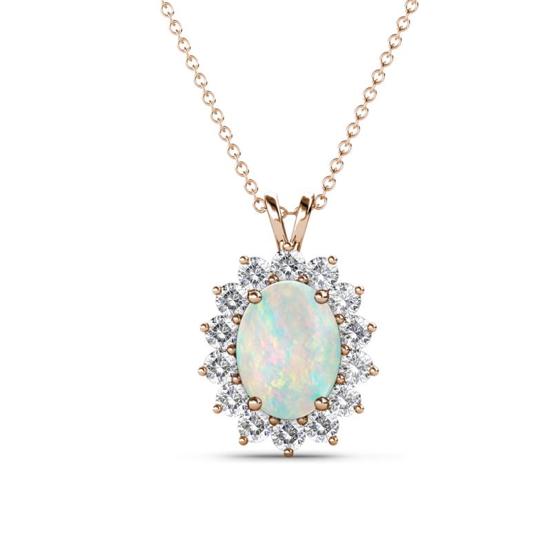 Hazel 8x6 mm Oval Cut Opal and Round Diamond Double Bail Halo Pendant Necklace 