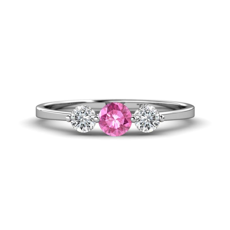 Shirley 5.00 mm Round Lab Created Pink Sapphire and Diamond Three Stone Engagement Ring 