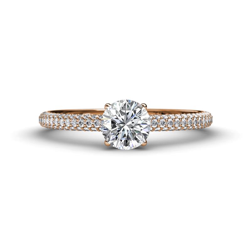 Serina Classic Round Forever Brilliant Moissanite and Diamond 3 Row Micro Pave Shank Engagement Ring 