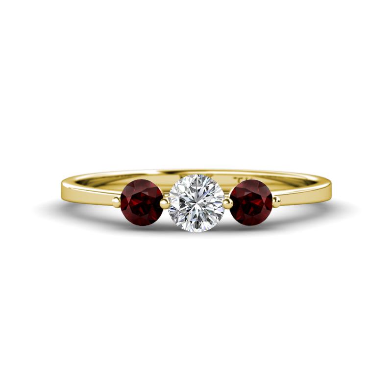 Shirley 5.00 mm Round Diamond and Red Garnet Three Stone Engagement Ring 